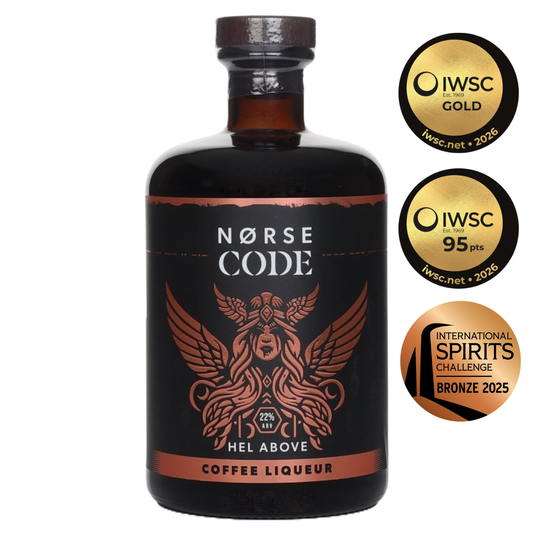Norse Code coffee liqueur bottle with awards on a white background