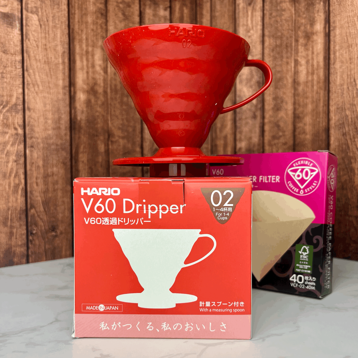 Hario V60 Plastic Coffee Dripper - Red 02 + Filter Papers